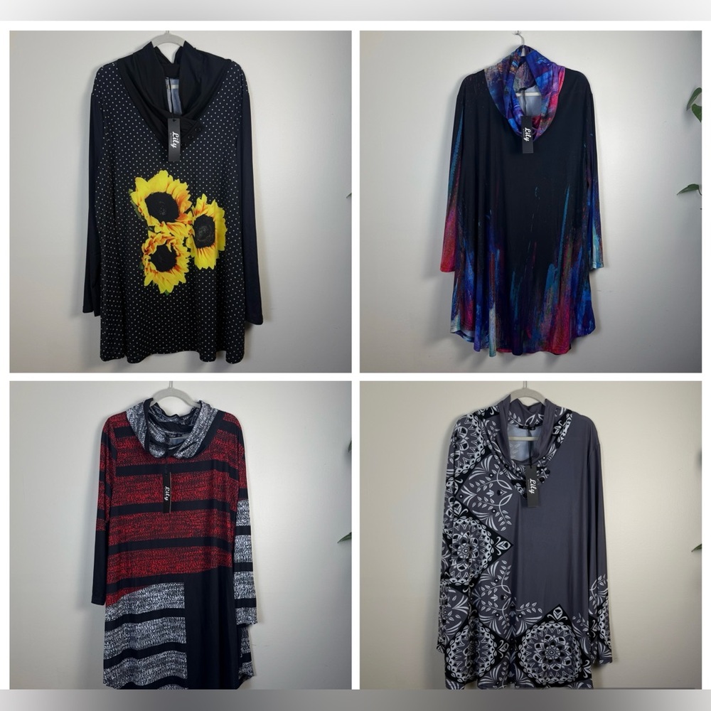 BUNDLE Lily Womens‎ Black Tunic Sunflower Cottagecore Relax Fit Polka dot sz 3XL
